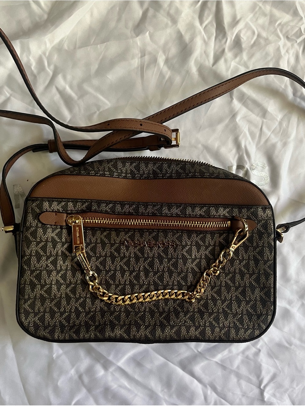 Michael Kors Brown Logo Crossbody with Gold Chain Detail